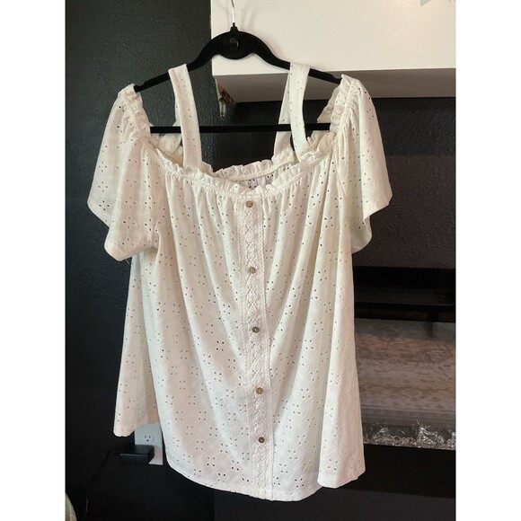 White Lace Eyelet Cold Shoulder Top Ruffle 2X XXL Naïf Blouse Shirt Women’s Plus - Picture 6 of 11